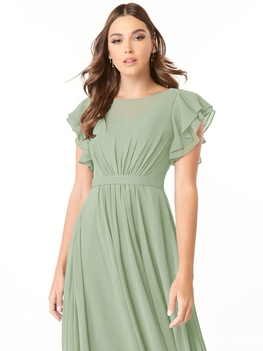 Azazie Dusty Sage Chiffon Flutter Sleeve Bridesmaid Maxi Gown Size 8 NWT